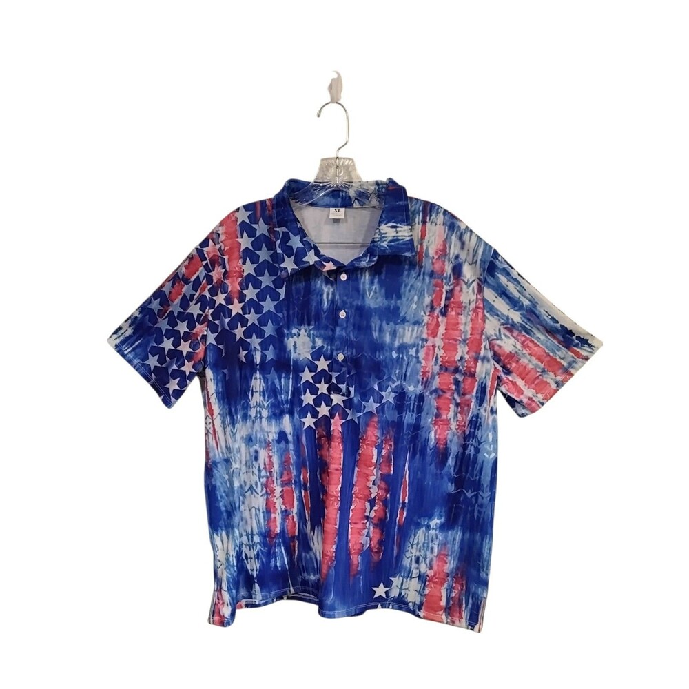 Patriotic Stars Four Button Shirt Size XLarge Short‎ Sleeve Flag USA